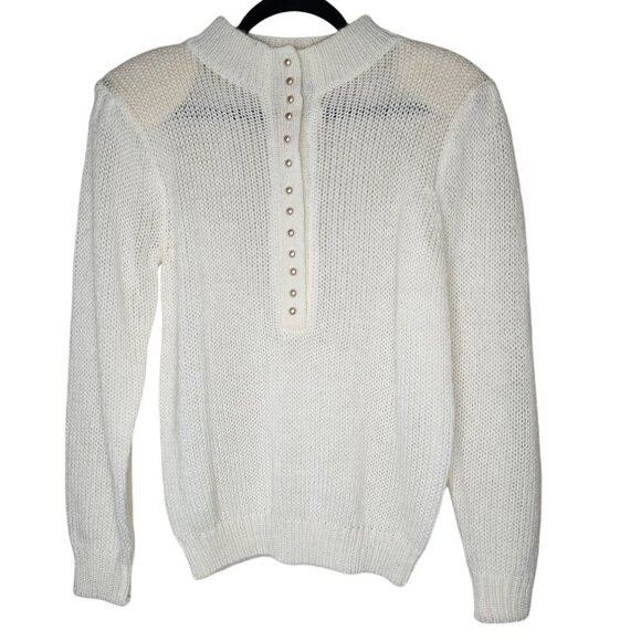 Vintage Nuggets Knit Pull Over Sweater Cream Faux Pearl Half Button Up Dainty - Picture 1 of 8